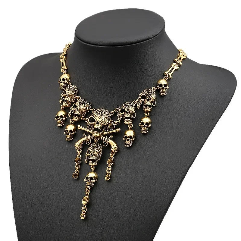 

2025 Retro Exaggerated Multi-layer Skull Necklace Halloween Ghost Tassel Necklace for Men and Women Party Gift