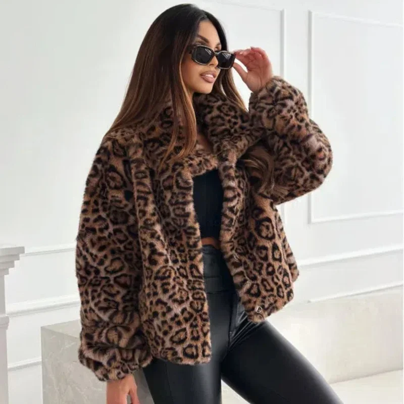 Fashion Artificial Fur Texture Jacket For Woman Elegant Leopard Print Short Women Jacket 2024 Autumn Winter New Women\'s Clothing