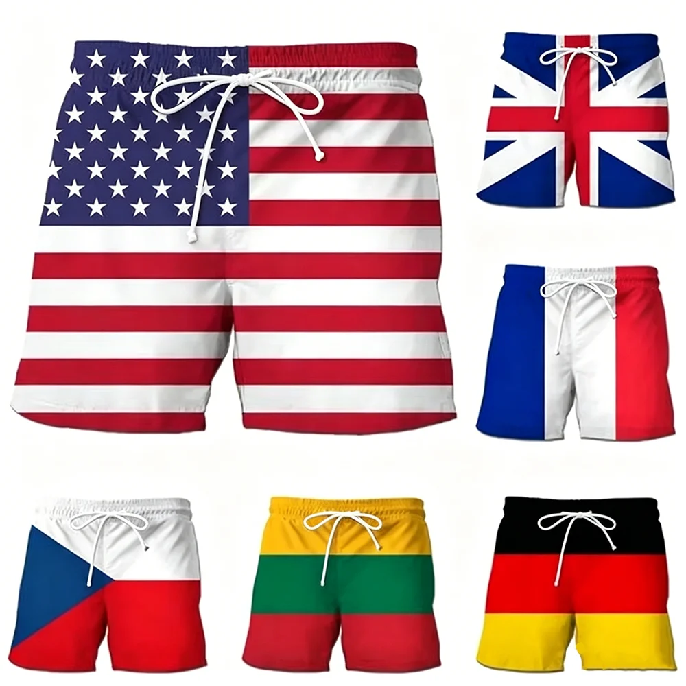 Shorts de plage à séchage rapide pour hommes et femmes, imprimés drapeau national 3D, style hawaïen, avec cordon de serrage et poches, pour l'été