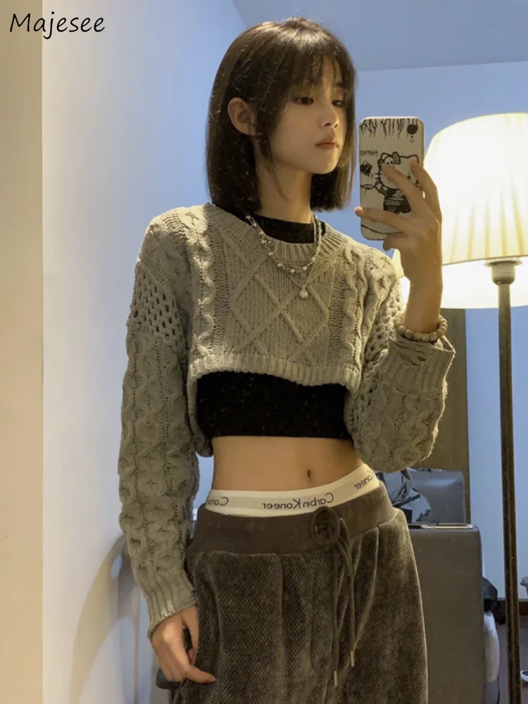 Women Sets Pullovers Knitting Solid Minimalist Hollow Out Streetwear Tank Leisure Popular Autumn Korean Style Female Comfortable