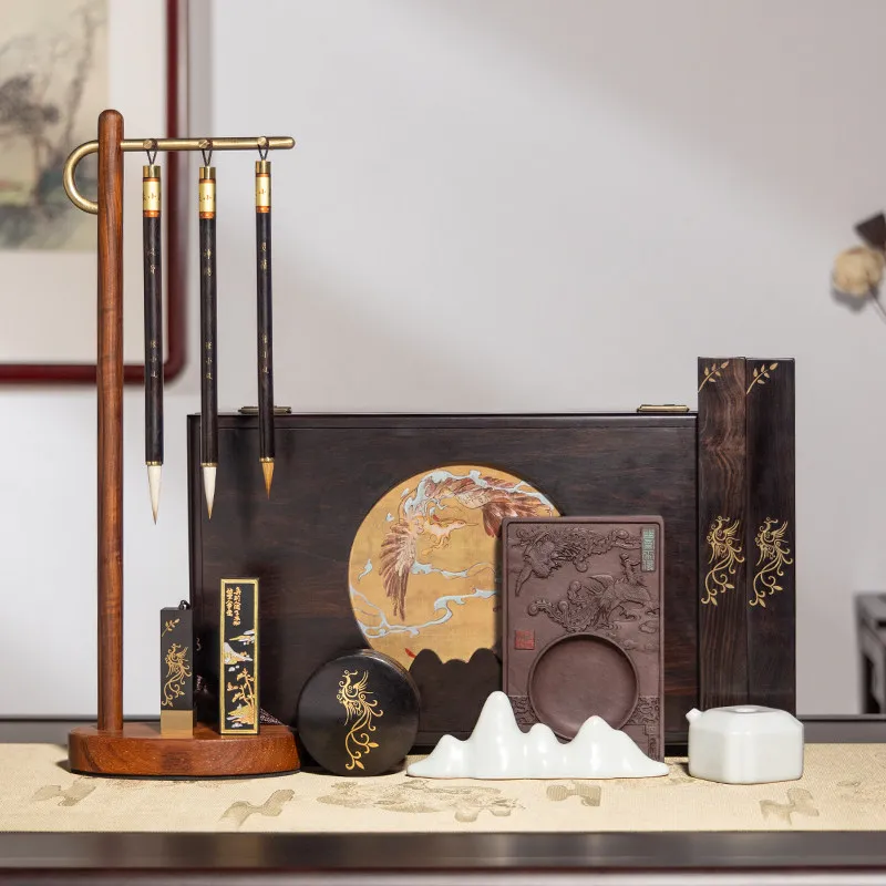 Solid wood study four treasures set, pen, ink, paper and inkstone, a full set of calligraphy ornaments