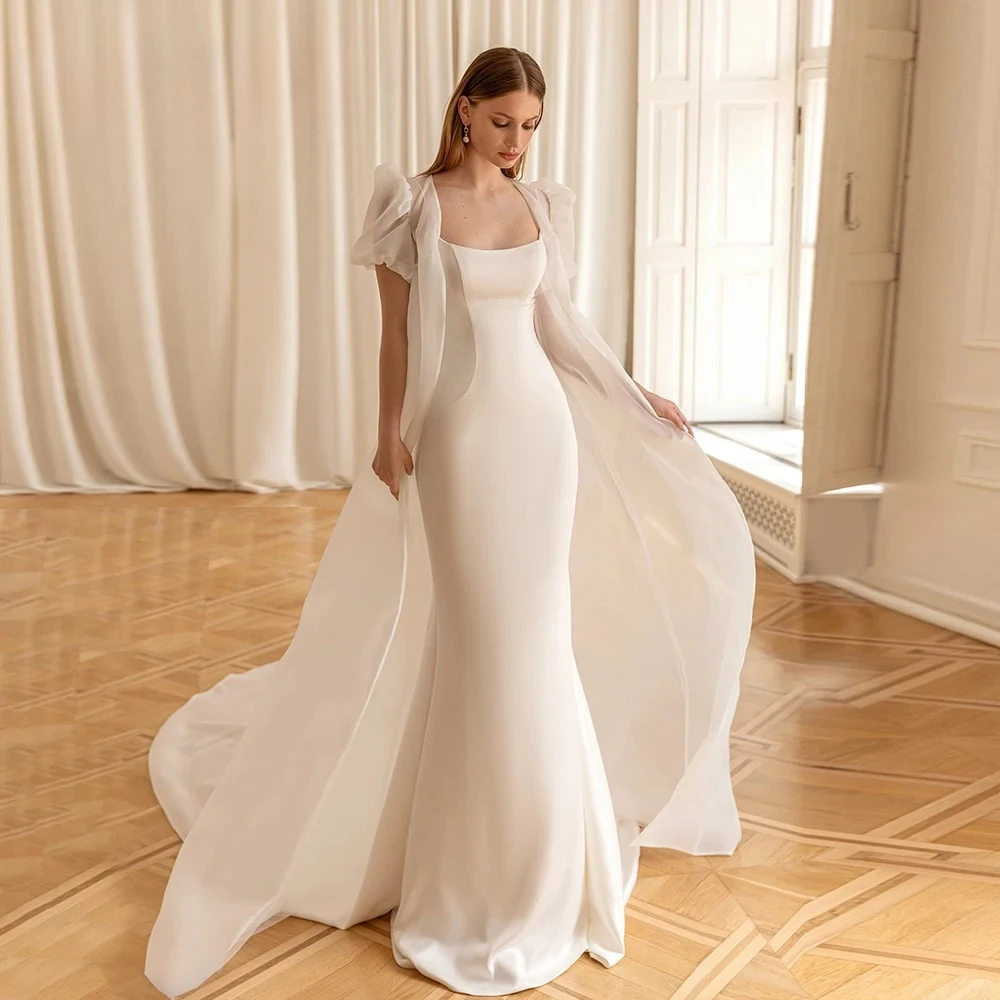 Customized 2 in 1 Mermaid Wedding Dress Square Neck Spaghetti Straps Beaded Detachable Puff Sleeve Smooth Satin Bridal Gown