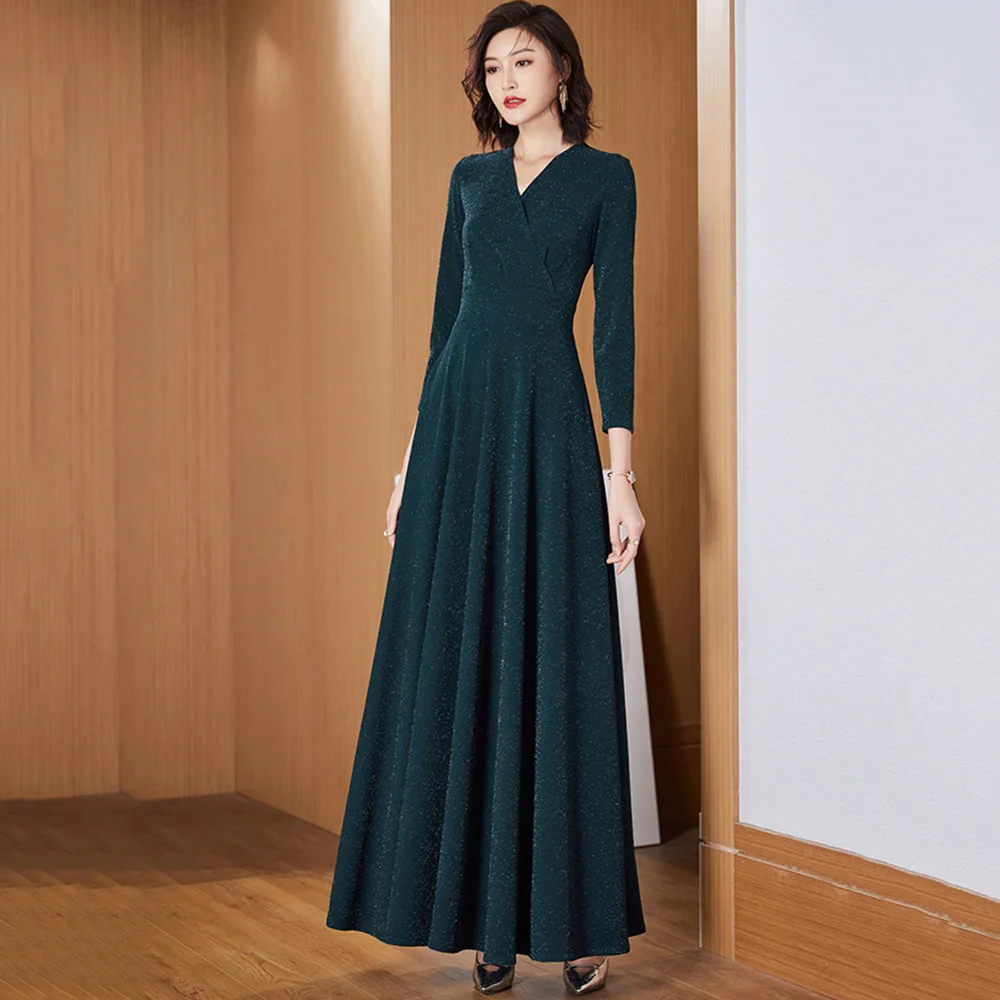 

New Women Overlength Dress Spring Autumn Fashion V-Neck Long Sleeve Slim Long Dress Elegant A-Line Glittering Pullover Dress