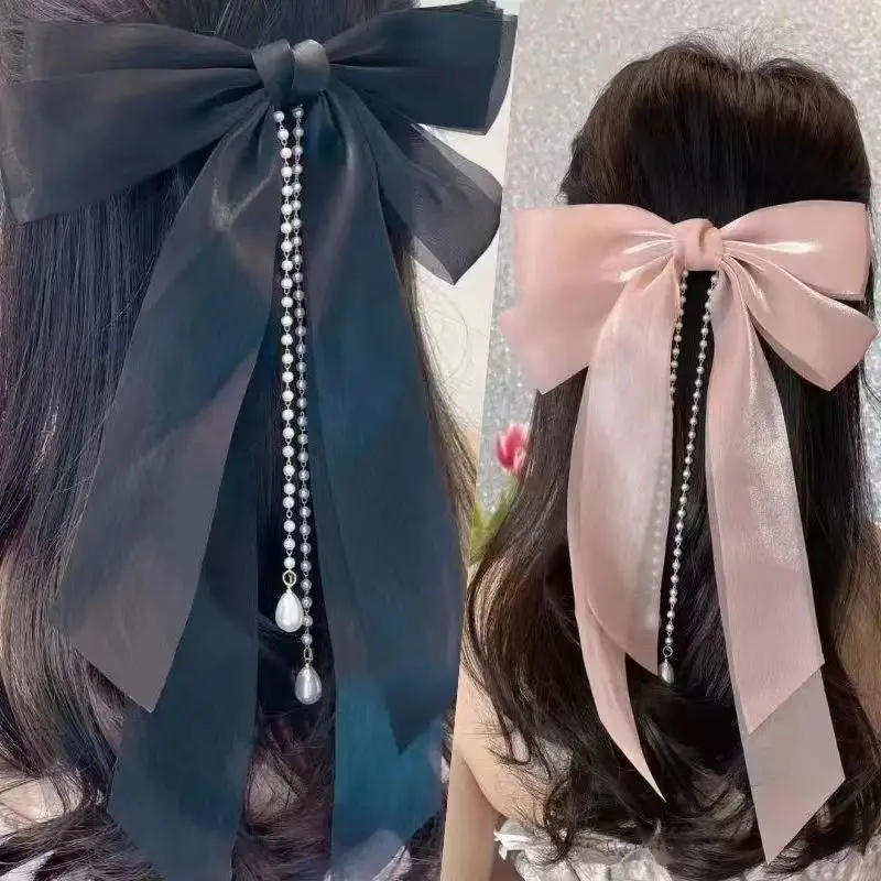 Épingle à Cheveux Élégante avec Ruban pour Femme, Long Glands, Épingle à Perle, Pince à Cheveux avec Nministériels d Papillon, Bande de Sauna Rétro, Accessoires pour Bol