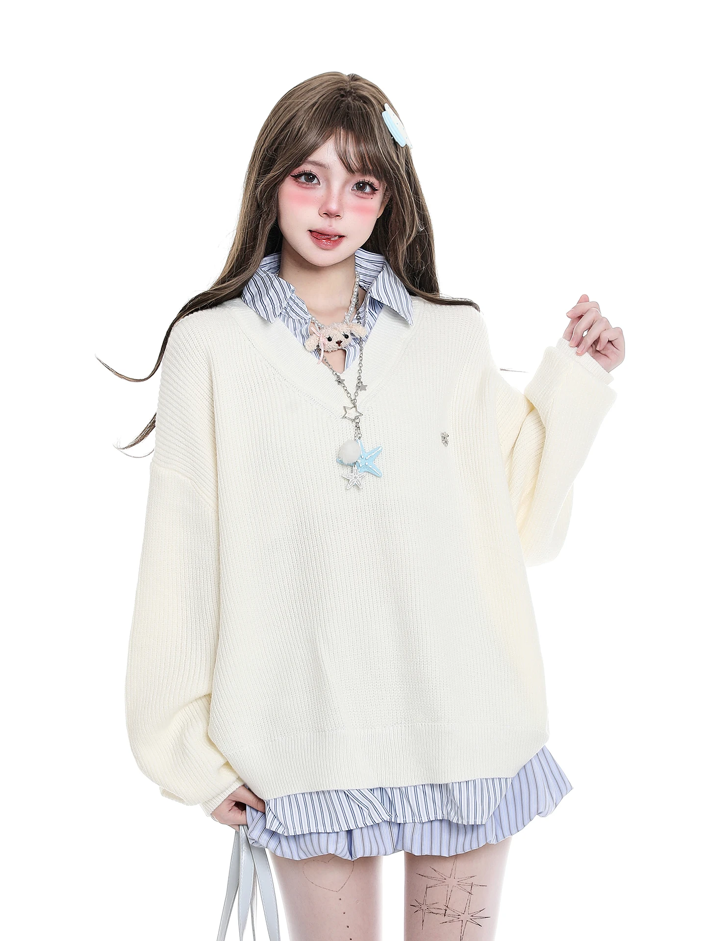

Korean College Sle Sweater with irt Collar Women's Loose Fit Sweet Sle Knitted Top for Autumn And Winter Warmth