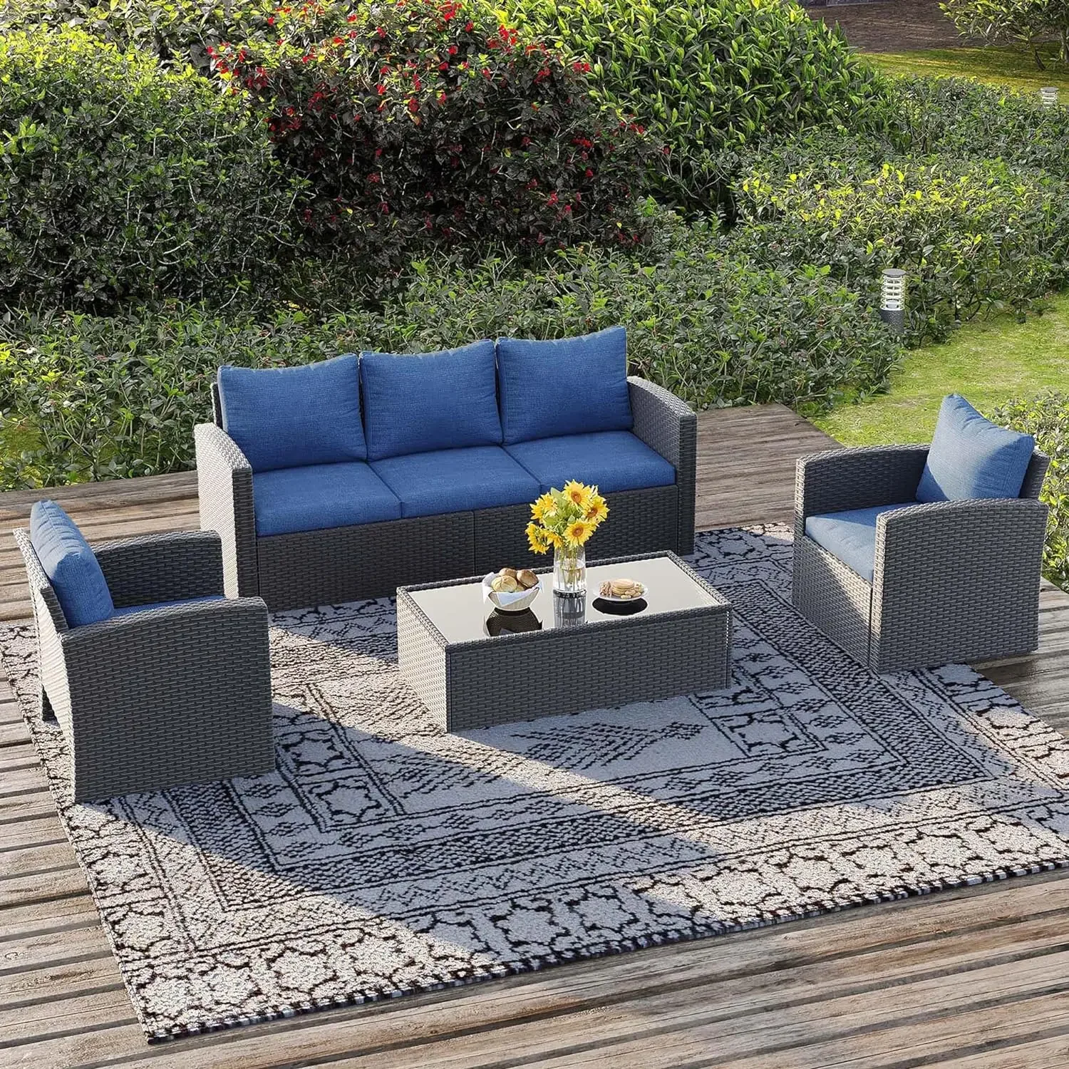 4 Pieces Patio Furniture Set, All Weather PE Wicker Rattan Outdoor Furniture with Coffee Table, Outdoor Sectional Sofa for Lawn