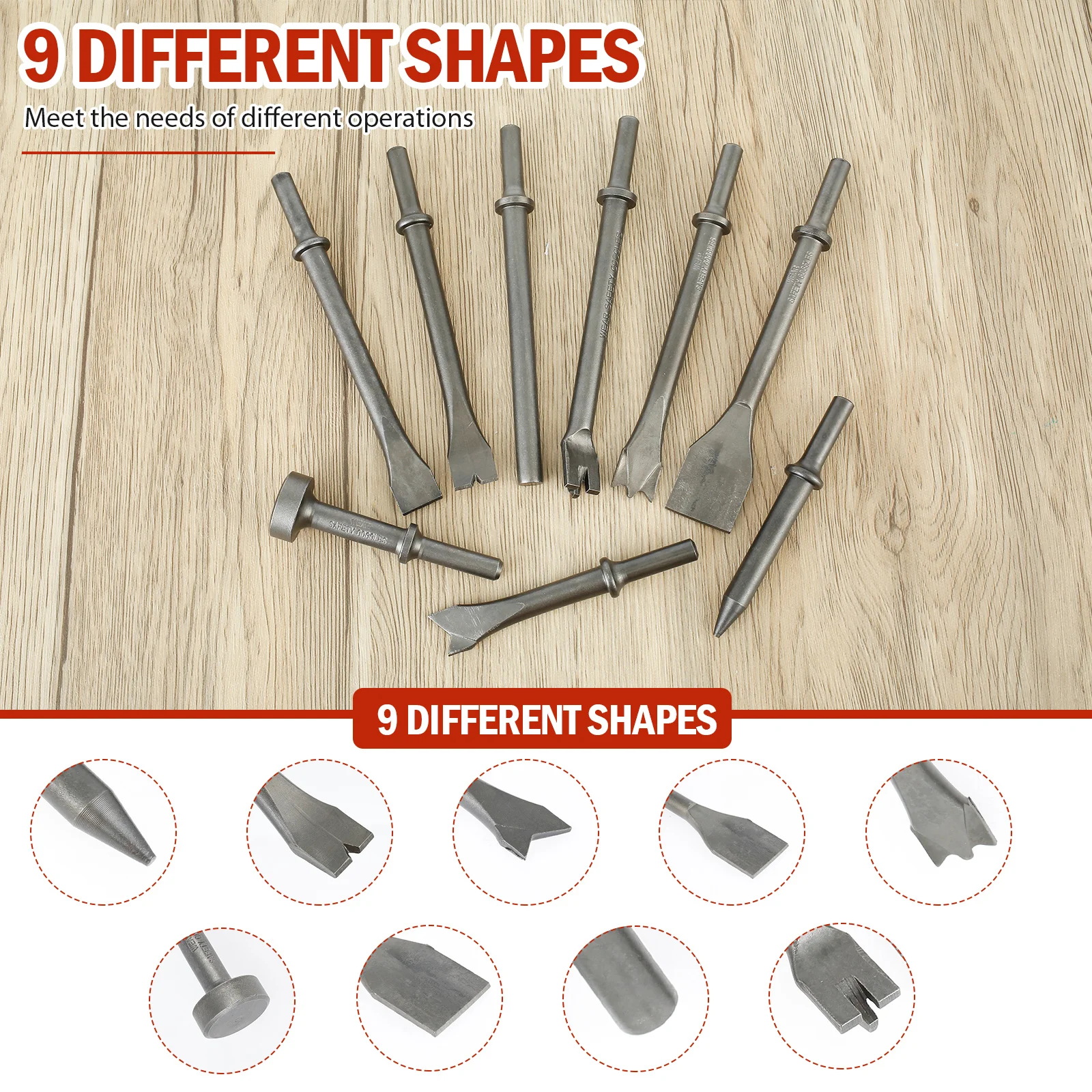 9Pcs Metal Air Hammer Bits Set for Rust Removal Drilling Sturdy Pneumatic Chisel Set Versatile Air Chisel Bits for Tile Masonry