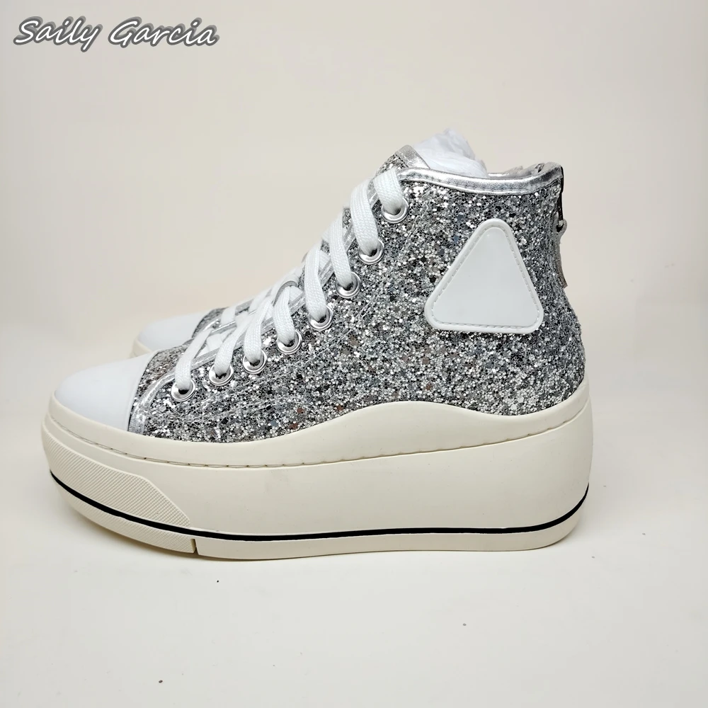 Sequin Cloth Back Zipper Thick-Sole Casual Vulcanized Shoes 2024 New Eye Catching Light Boots Round Toe Street Shooting Shoes