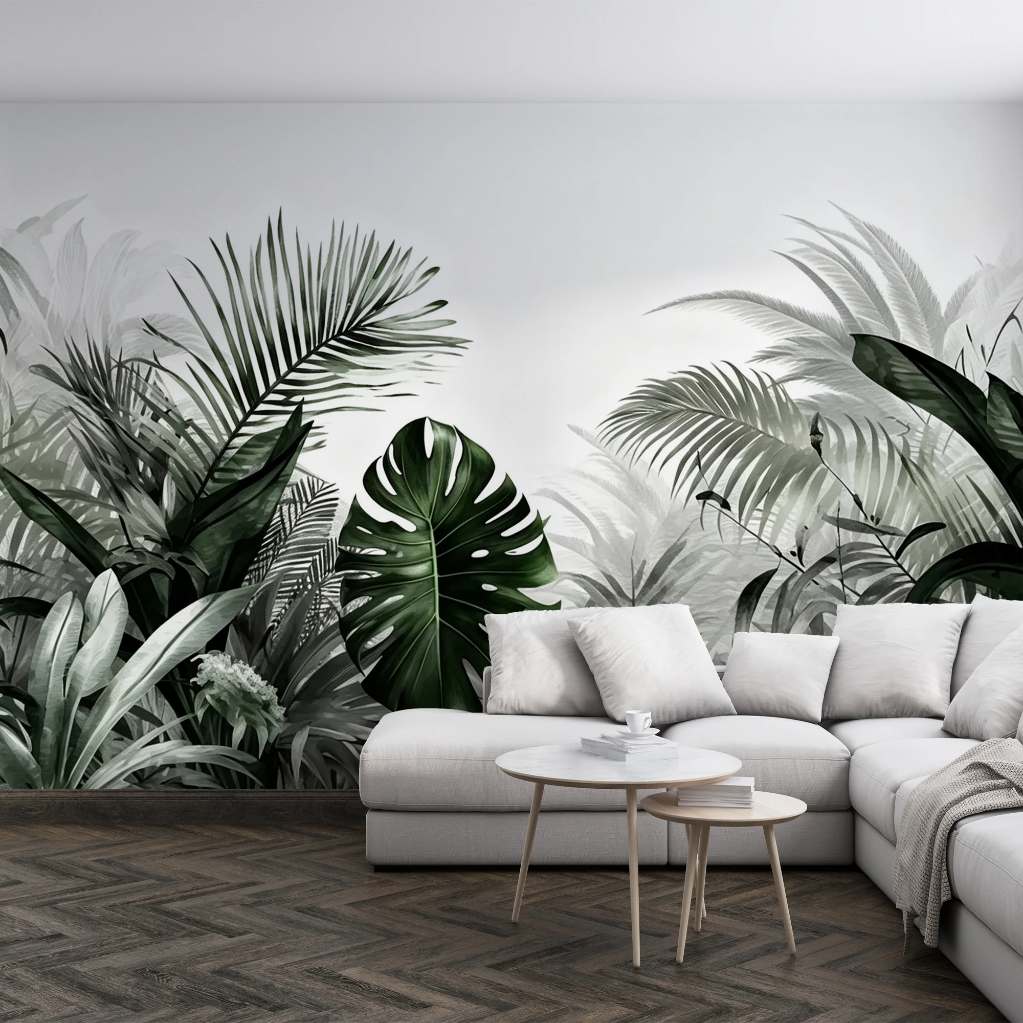 Black White Green Tropical Leaf Mural Wallpaper Monstera Palm Leaf Wall Mural Home Decor