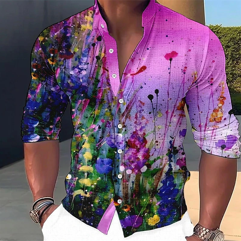 Colorful Floral Pattern Shirts For Men Fashion Spring Autumn 3D Flower Printed Long Sleeve Shirt Casual Loose Breathable Blouse