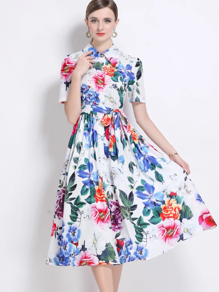 Abito camicia con stampa floreale moda temperamento per donna manica corta bavero femminile cintura petto abito da festa abito da festa