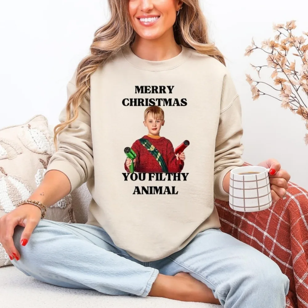 

С Рождеством, толстовка с пылярными животными, забавный праздничный свитер, рождественский пуловер «Один дома», уютный рождественский подарок для нее