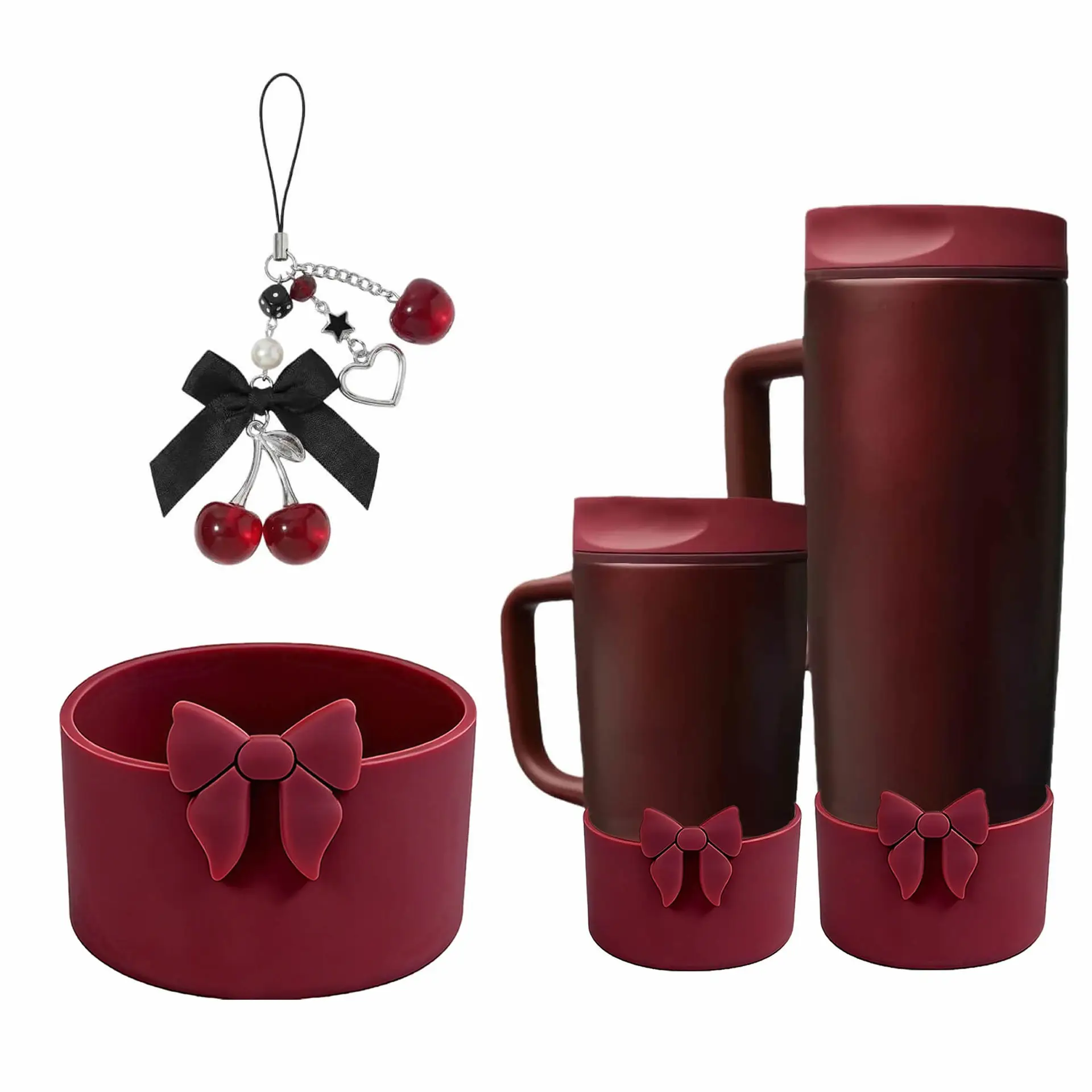 Hot-Selling for Owala Cup Accessory for Stanley Bow Decoration Silicone Cup Sleeve Cherry Love DIY Pendant