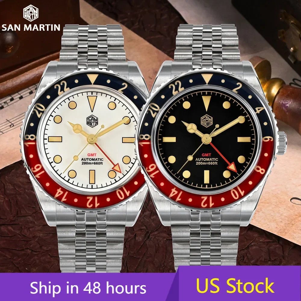 

San Martin New 40mm Vintage GMT Full Luminous Bidirectional Sapphire Glass Bezel Luxury Men Automatic Mechanical Watch 20 ATM