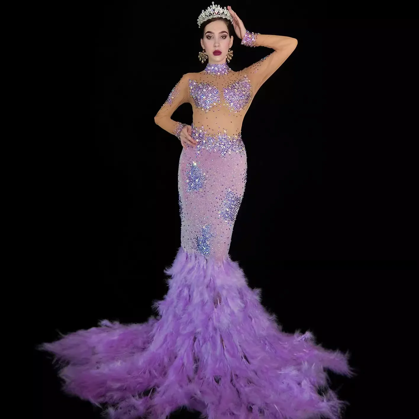 เพชรสีม่วง Feather ชุดผลกําไรในรอบชุด STAGE เครื่องแต่งกายผู้หญิง Vestidos De Fiesta Brillo Vestidos De Fiesta De Lujo