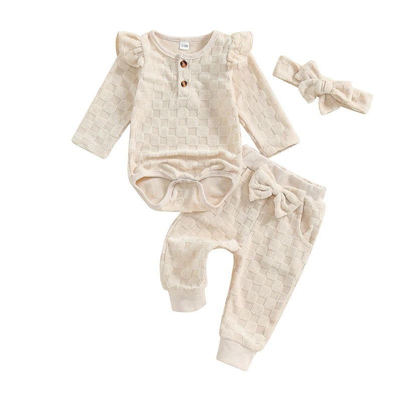 

3-Piece Baby Girls Set Checkered Button Long Sleeve Round Neck Ruffled Romper Bow Long Pants Hair Band Outfits