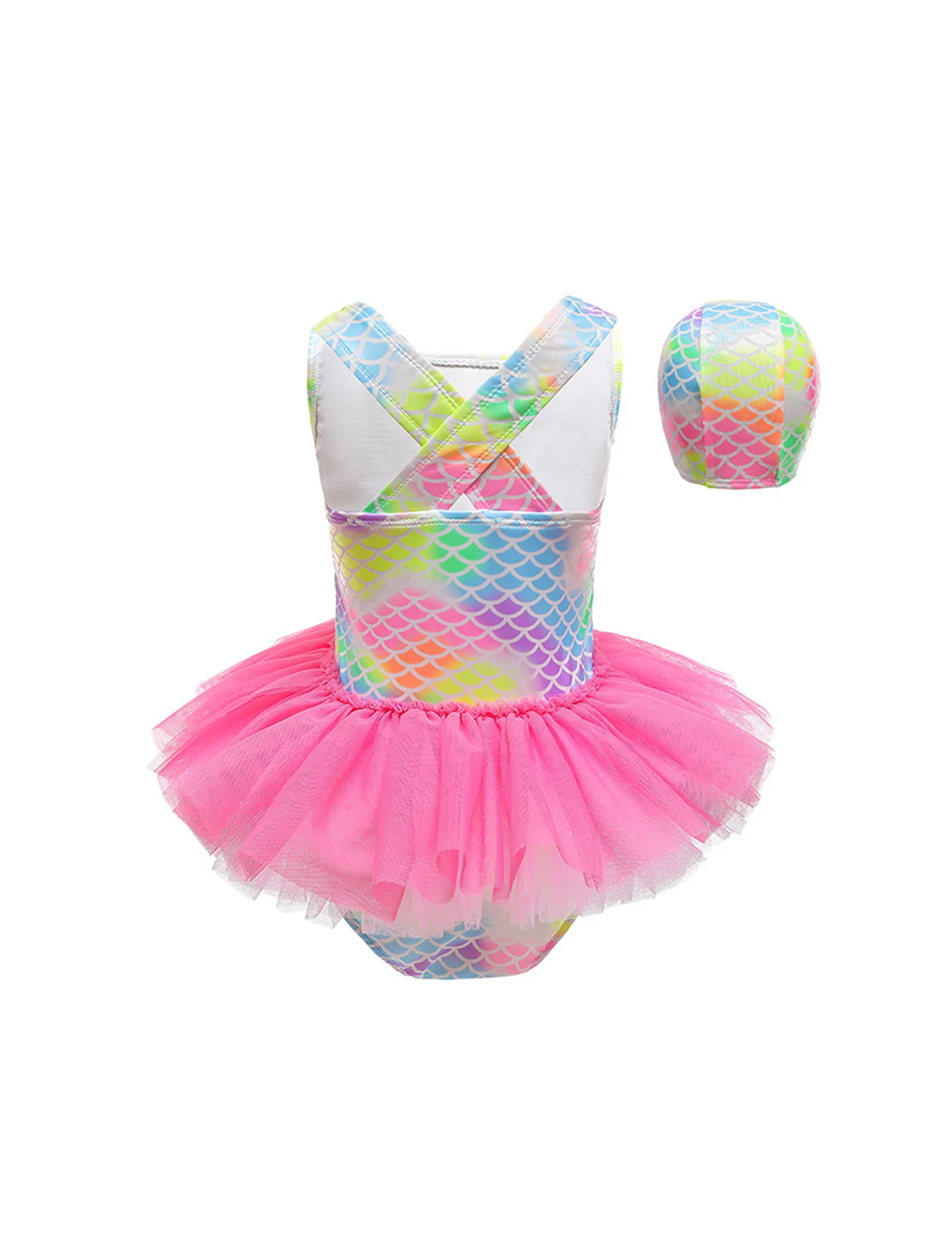 Eendelig badpak met visschaalprint voor meisjes, gratis hoed en mesh rok voor zomerzwemmen en strandvakantie