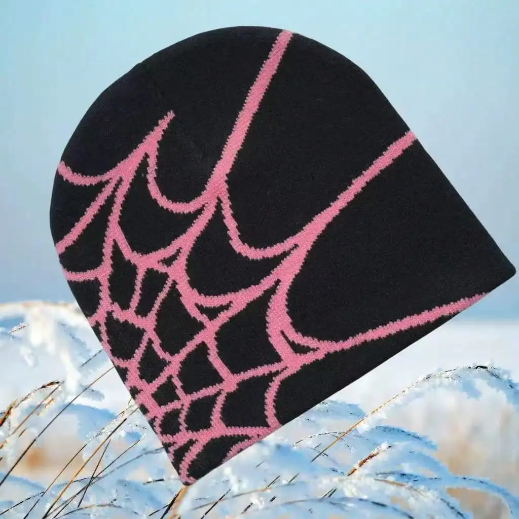 Y2K Gothic Web Pattern Knitted Beanie, Streetwear Unisex Winter Hat