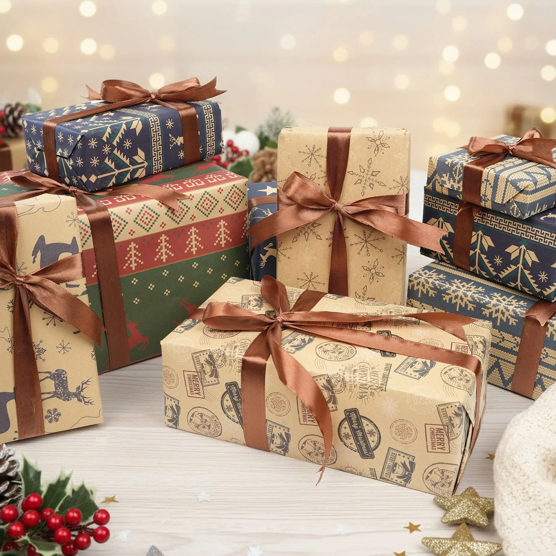 Série de papel de embrulho kraft de Natal, usado para decoração de caixa de presente, formas de rena e árvore de Natal, materiais ecológicos e presente de Natal reciclável! (Tamanho 50Cm*70Cm)