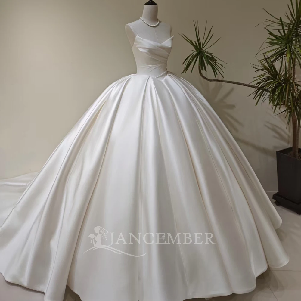 Princess Wedding Dress Ivory Satin Ball Gown Customized Strapless Sleeveless Pleated Chapel Train vestidos de novia boda