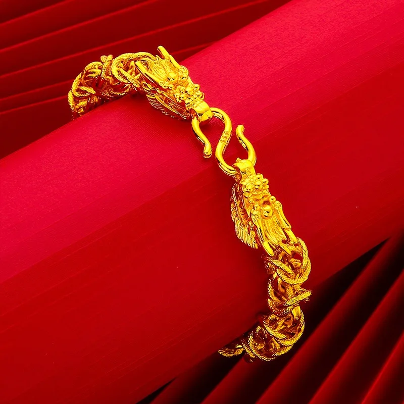 9999 24K real gold hollow M-button men's bracelet cylindrical dragon head gold bracelet men's gold jewelry bracelet