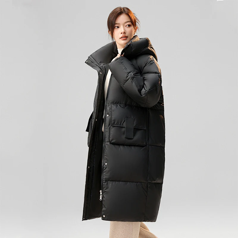 Winter Women Hooded Down Coat Stand Collar Casual Warm Thicken Mid-Length Cotton-padded Jacket Zipper Pocket Solid Loose Jacket