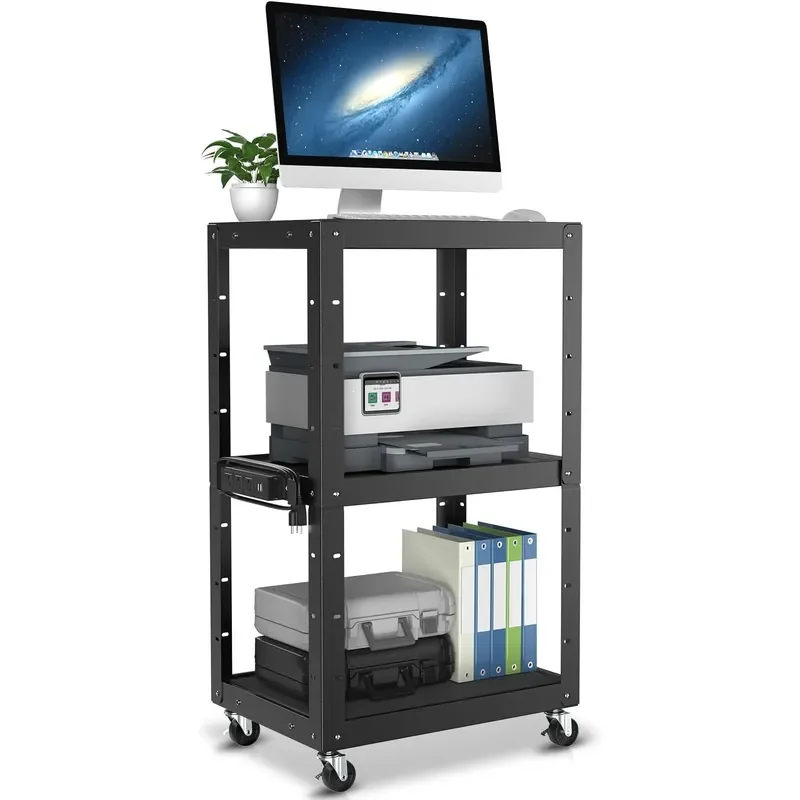 Adjustable AV Cart w Power Strip 4 ft Rolling Stand Black