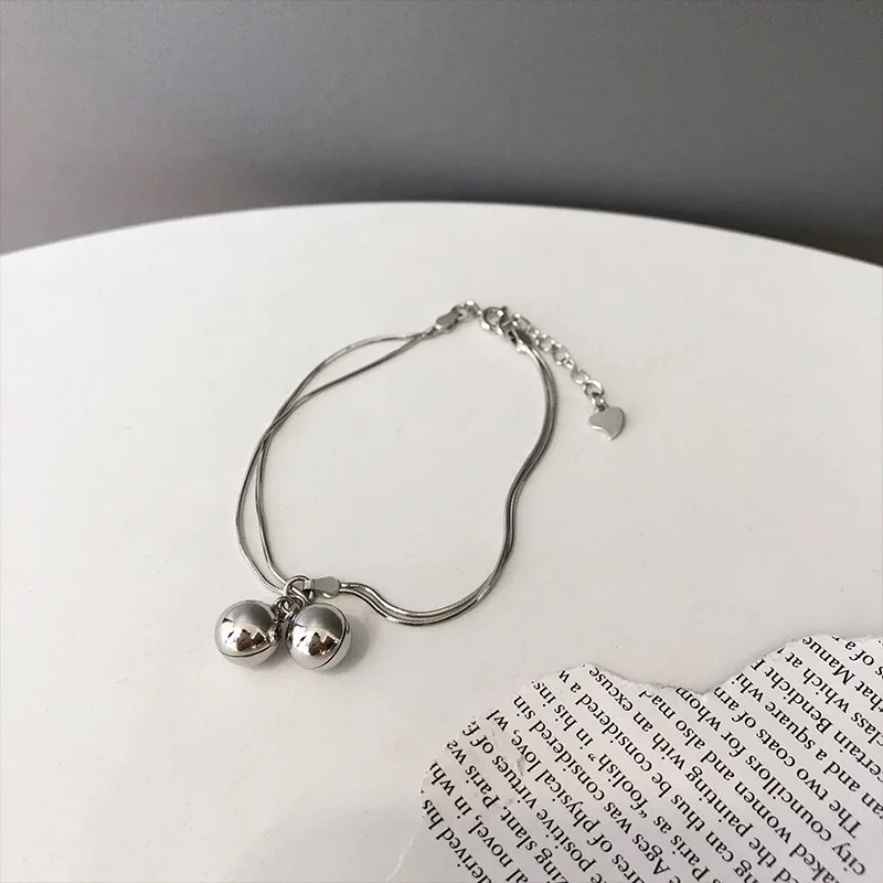 Minimalist 925 Sterling Silver Double-layer Snake Chain Bell Bracelet for Woman Designer Fashionable Jewelry Accessories Gifts