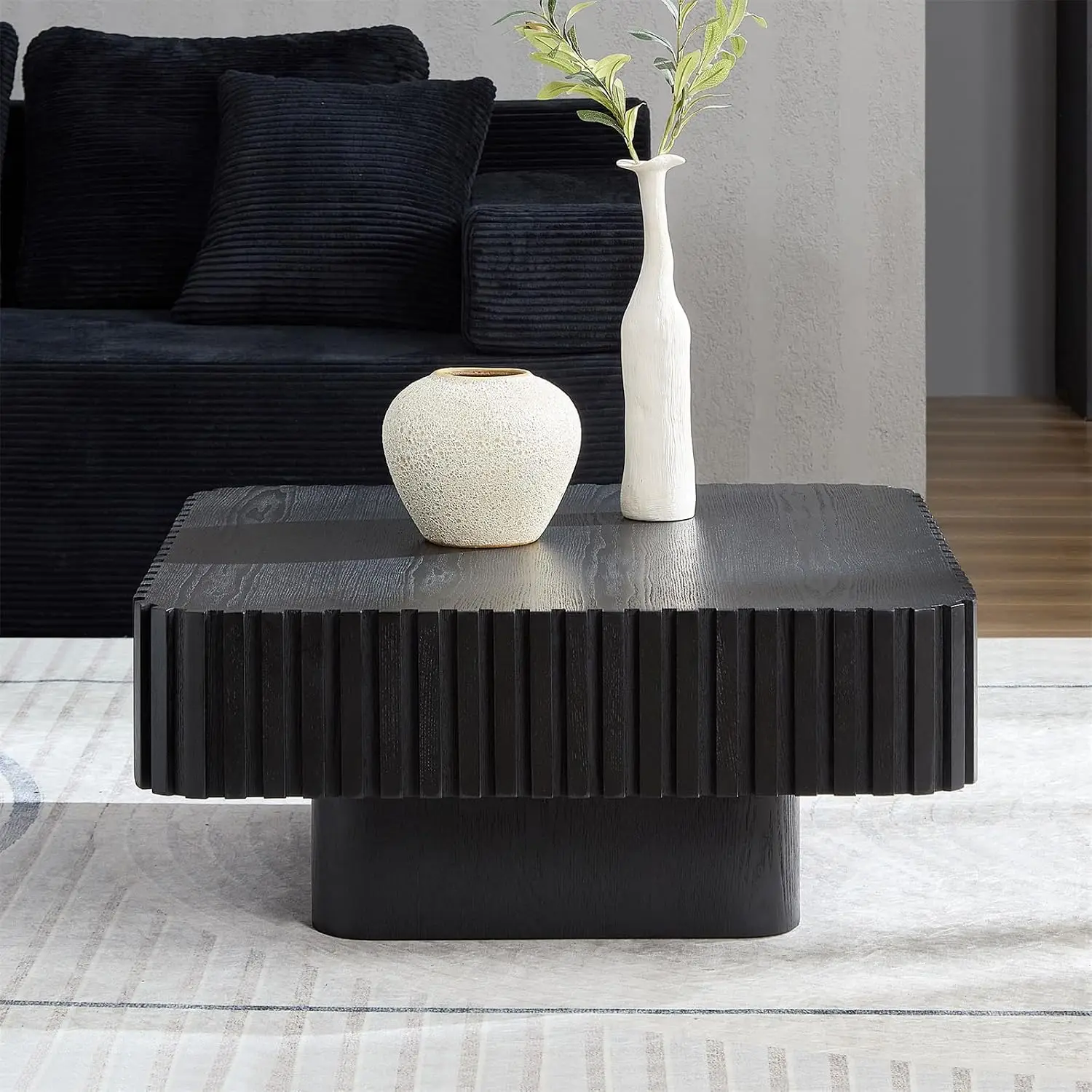 Square Fluted Pedestal Coffee Table for Living Room Black, Customized