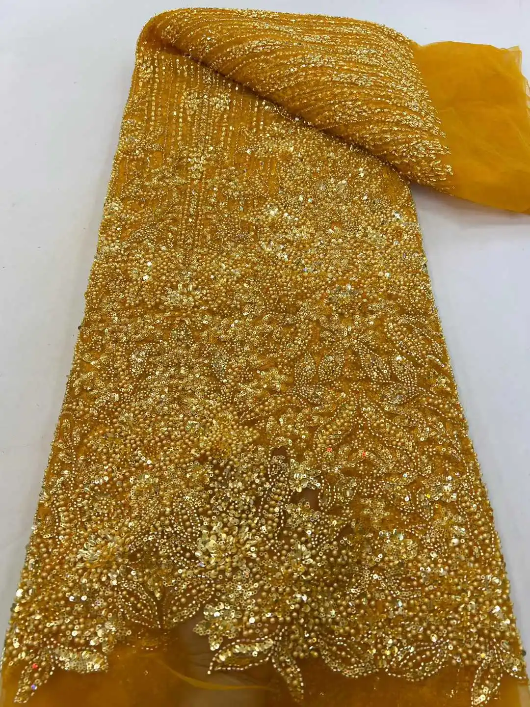 

Latest Gold Beaded Lace Fabric African Lace Fabric 2026 High Quality Sequence French Mesh Lace Fabric For Sewing Wedding Party