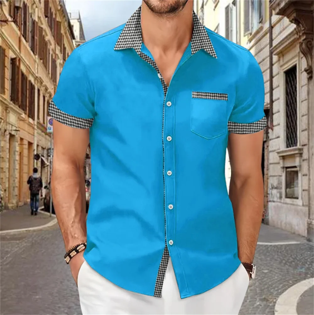 Patchwork printed shirt for men, solid color, comfortable and soft short sleeve top, large size, summer New