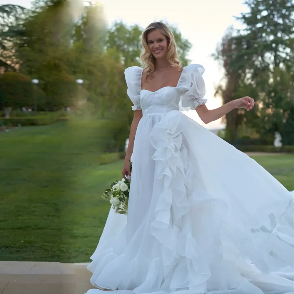 Robe de Mariée Rétro à Manches Bouffantes, Ligne A, Manches Courtes, Volants, Fente Latérale, pour Patients, Col Carré, pour Occasions Spéciales, pour Femme