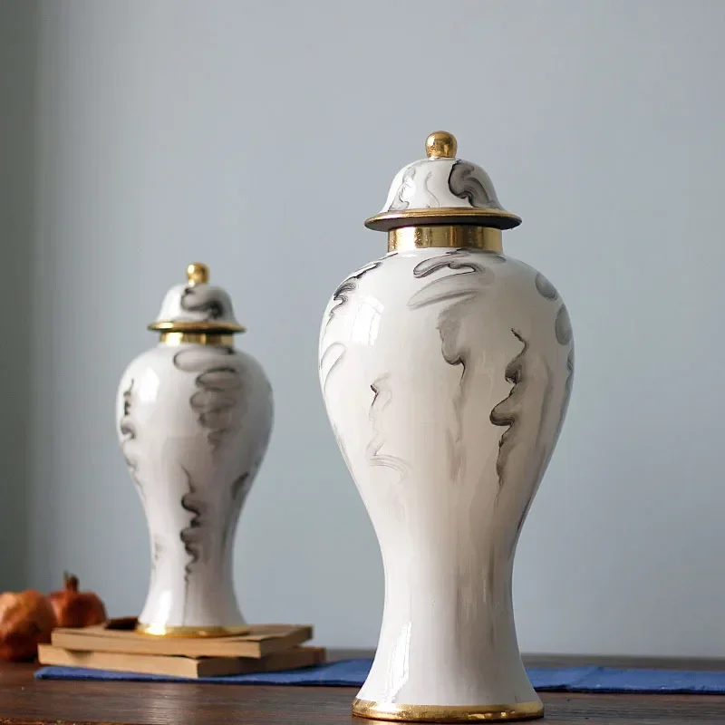 Gold-plated Ink Ceramic Jar Large Sealed Storage Arrangement Vase Porcelain Art Decor