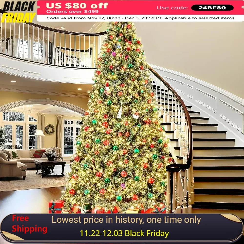 12ft Artificial Christmas Pine Tree ,for Home Party Decoration with 1500 Warm White Lights , Prelighted Holiday Xmas Tree