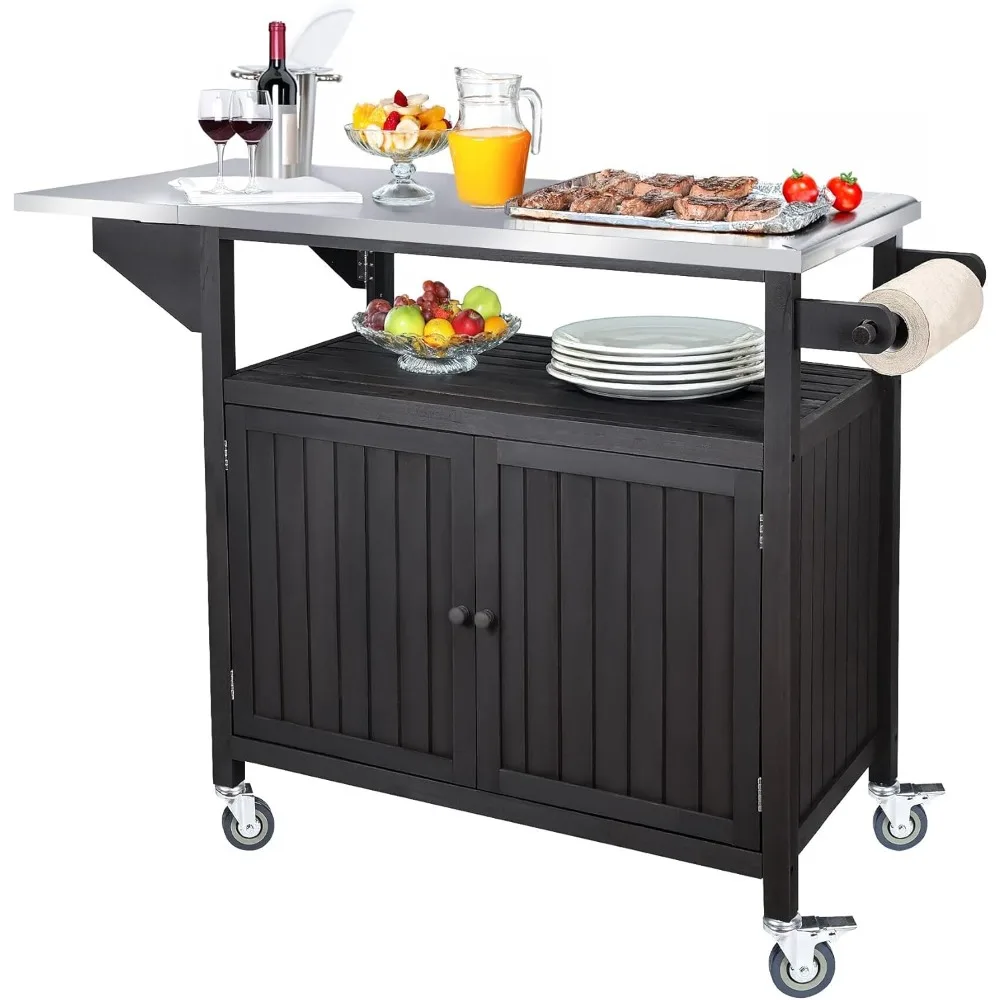 Outdoor Grill Table with Storage Cabinet, Solid Wood Outdoor Grill Cart with Wheels & Stainless Steel Top, Large Kitchen