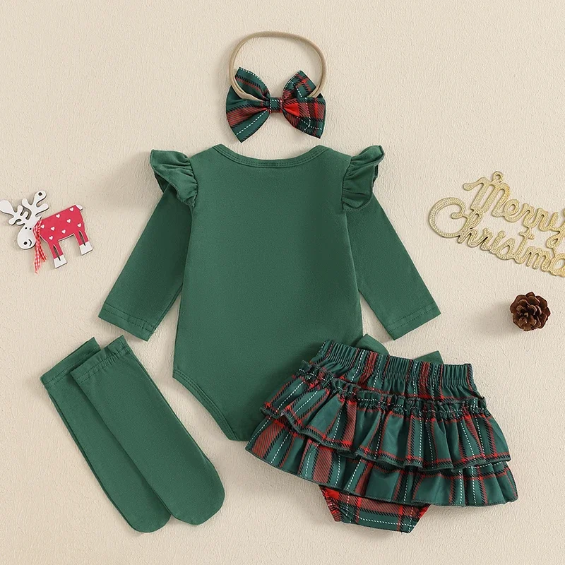 Newborn Christmas Clothes Baby Girls Letter Print Long Sleeve O-neck Rompers+Plaid Print Bowknot Layered Mini Skirts Sets