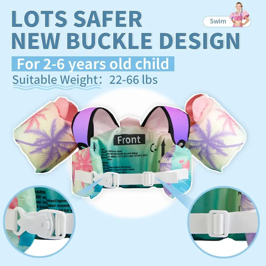 เสื้อชูชีพสำหรับเด็ก ฝึกการว่ายน้ำ ที่ช่วยลอยตัวสำหรับเด็กเล็ก พร้อมสายรัดไหล่แบบปรับได้และหัวเข็มขัดกันลื่น ปีกแขนสำหรับเด็กอายุ 22