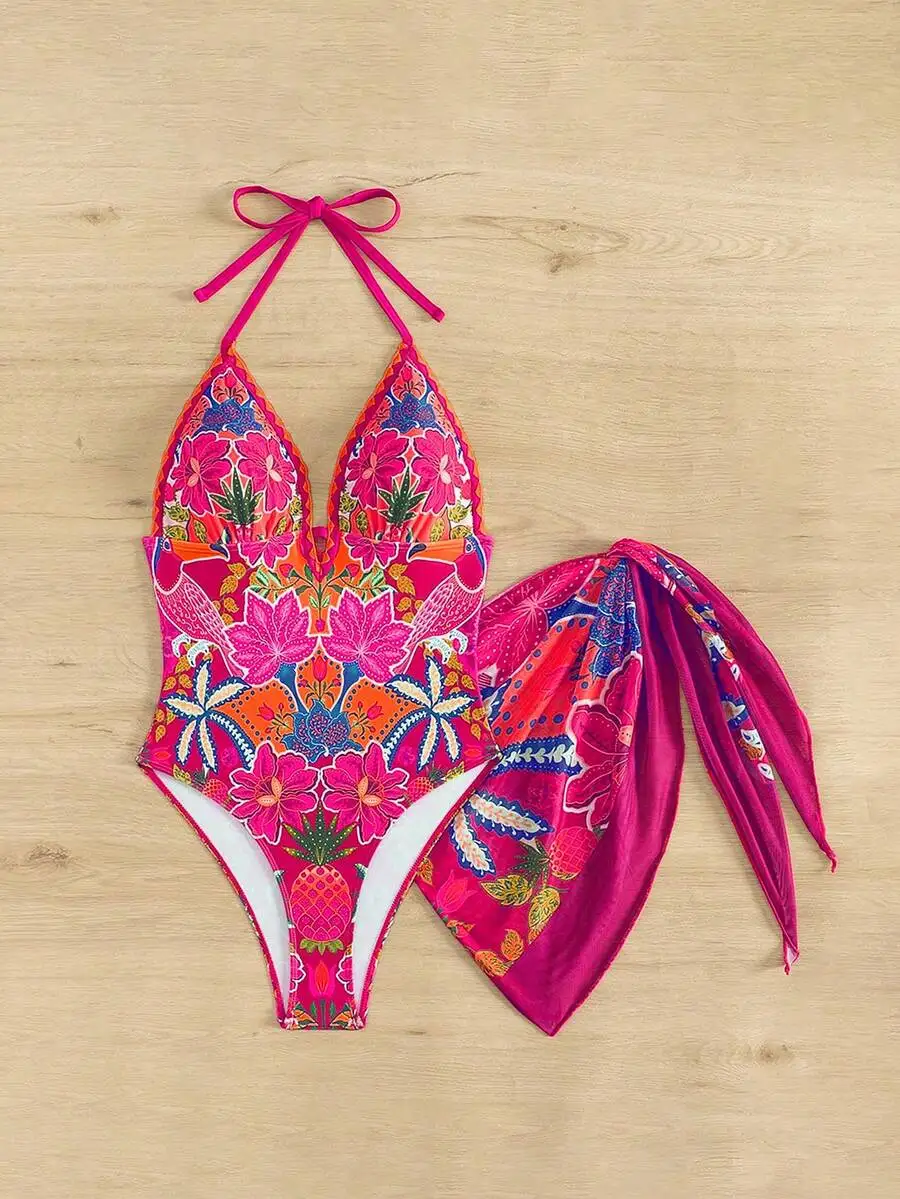 

Womens Floral Print Deep V-Neck Halter One-Piece Swimsuit With Scarf Wrap Skirt