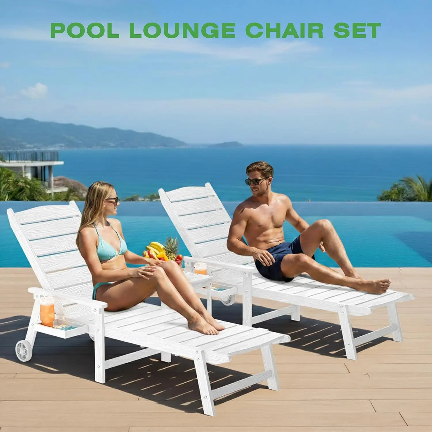 5-Position Pool Lounge Set of 2, 6.3ft Outdoor Recliner with Wheels & Cup Holders, All-Weather for Patio & Backyard, Customized