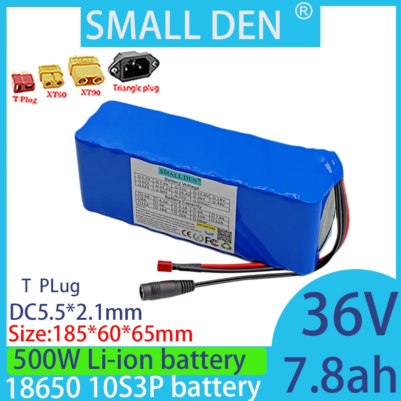 

36V 7.8Ah 18650 10S3P lithium battery pack 200W 500W outdoor backup battery with built-in 15A BMS rechargeable battery