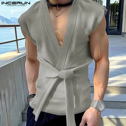 INCERUN Men Tank Tops Solid Color V Neck Sleeveless Lace Up Casual Male Vests Streetwear 2024 Summer Fashion Men Clothing S-5XL