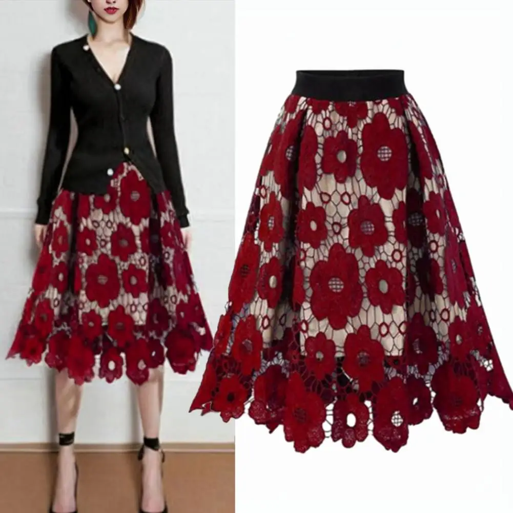 Elegante Sommer Boho Spitze Röcke Frauen Vintage Blumen Spitze Mesh aushöhlen große Schaukel Party Midi Rock elastische Taille A-Linie Rock