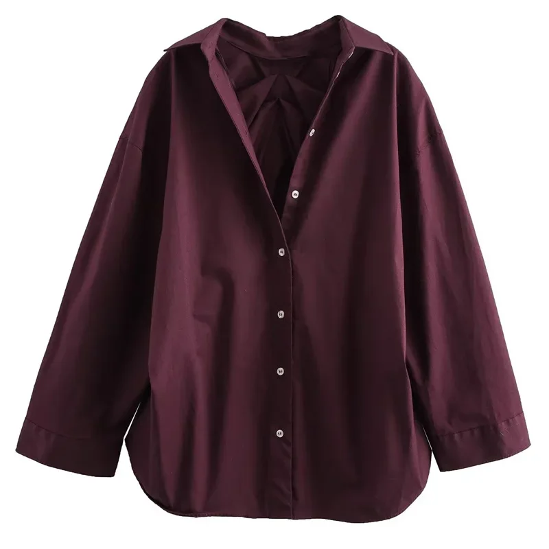 TRAF Women Blouse 2024 Woman Shirts & Blouses Burgundy Oversized Shirt Long Sleeve Frill Blouse Elegant Ruffle Loose Fit Blouse