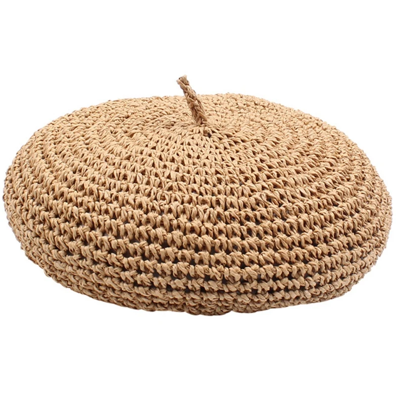 New Fashion Beret Adjustable Straw Beret Female Straw Hat Retro Literary Solid Color Painter Hat Khaki