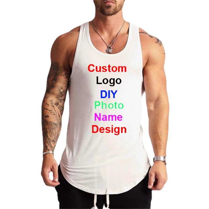 DIY Customized Your OWN Design Brand Logo Mens Cotton Gym Tank Top Bodybuilding Sleeveless Shirt Fitness Clothing