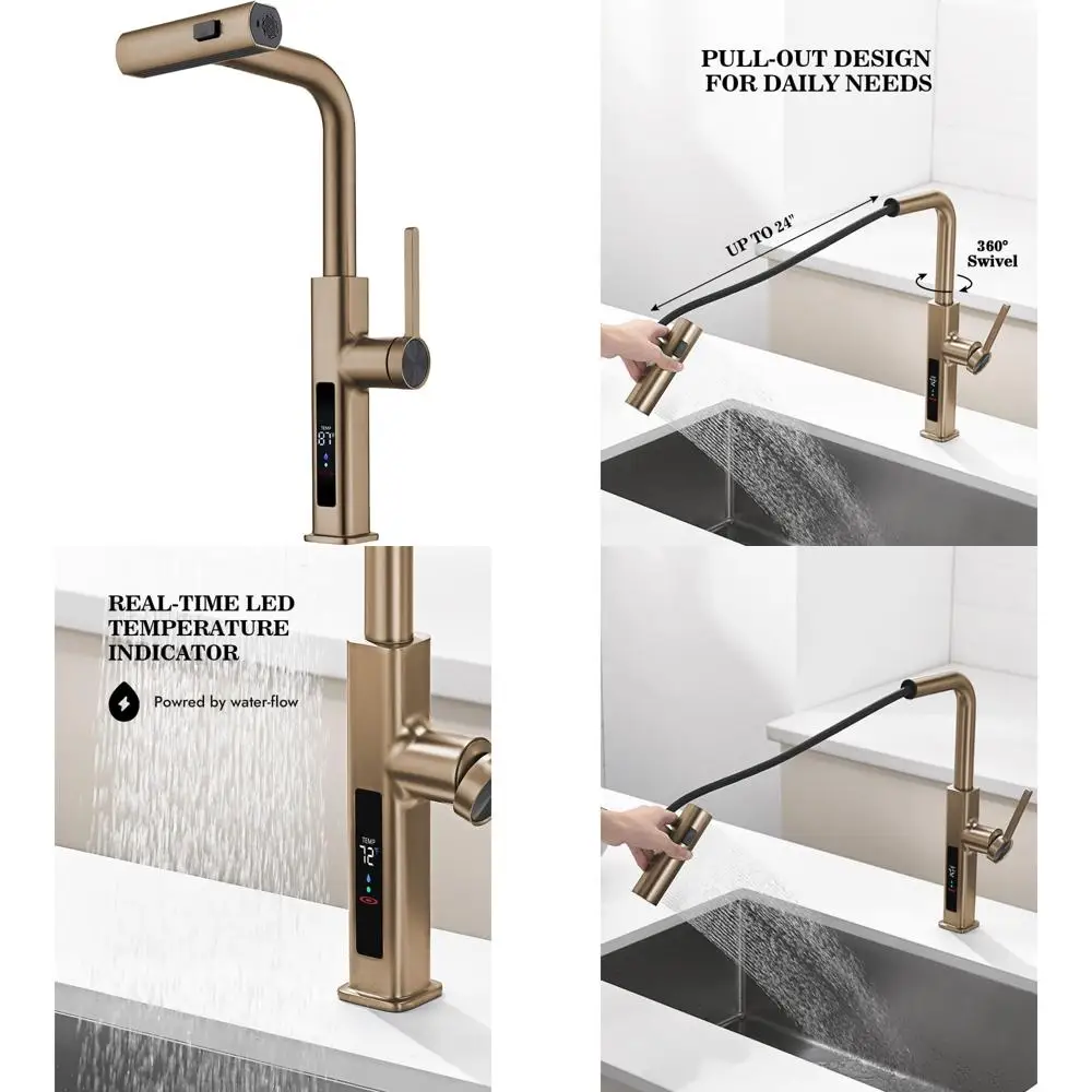 

Pull-Out Waterfall Faucet with Temperature Display in Fahrenheit, 3 Outlet Modes, Single Hole, Brushed Brass, Kitchen Sink Acces