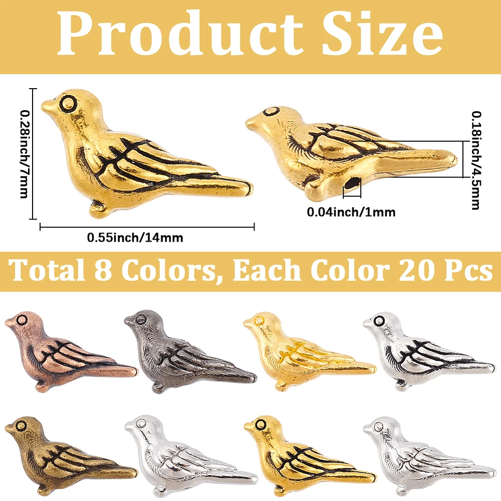 8 Colors 160PCS Alloy Bird Shaped Beads with Hole Style Vintage Colored Animal Charms Loose Spacer Bead Bulk