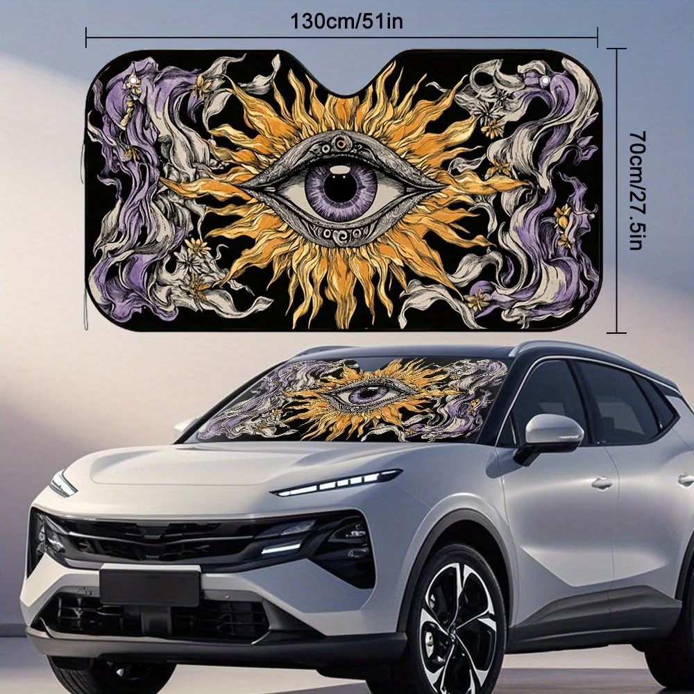 One Piece Of A Two-Dimensional Flat Sunshade Featuring A Purple Flame Eye Design – Helps Maintain A Cool Temperature In Your Veh
