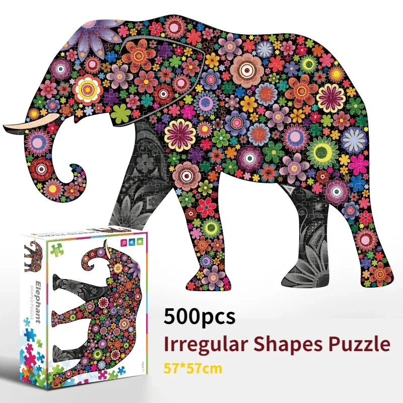 

58*41cm Paper 500pcs Shaped Jigsaw Puzzles Elephant Cute Animal Painting Stress Reducing Toys Blazing with Color Christmas Gifts