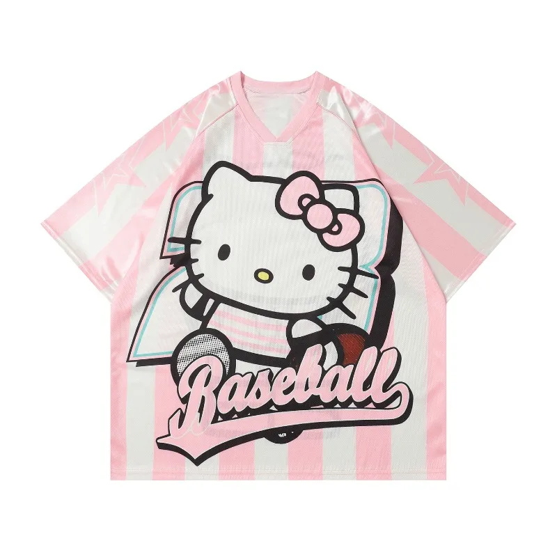 

Cute and fun KT cat printed T-shirt for women in summer, sweet and spicy pink V-neck loose fit slimming short sleeved top